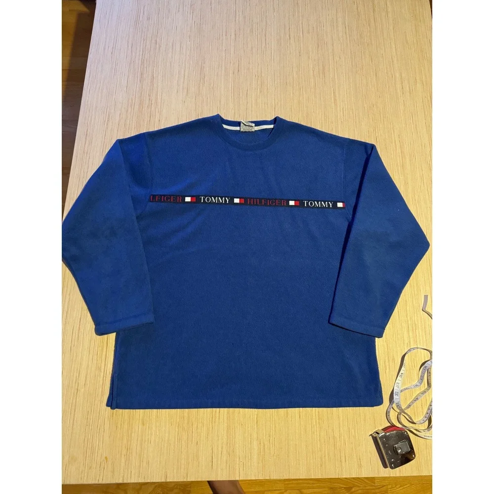 Vintage Tommy Hilfiger Jeans Fleece Sweatshirt Blue Logo Tape Pullover Mens L 37